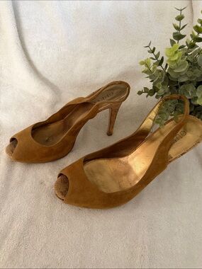 Suede Peep-Toe Slingback Heels in Cognac